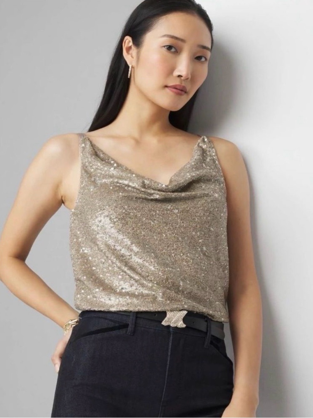 White House Black Market Champagne Sequin Cowl Neck Tank Top XL NWT